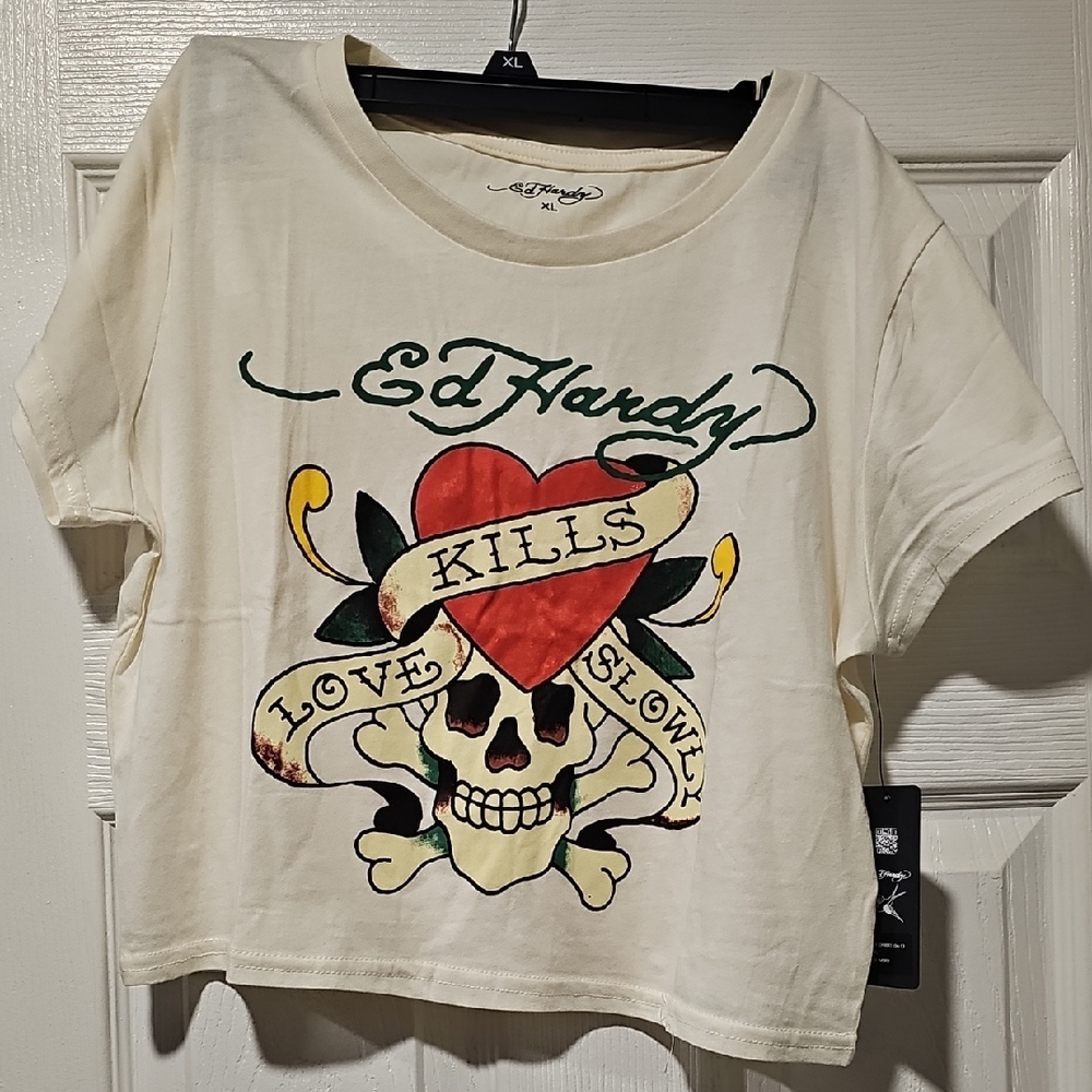 Ed Hardy Cream Crop Top, LOVE KILLS SLOWELY Design